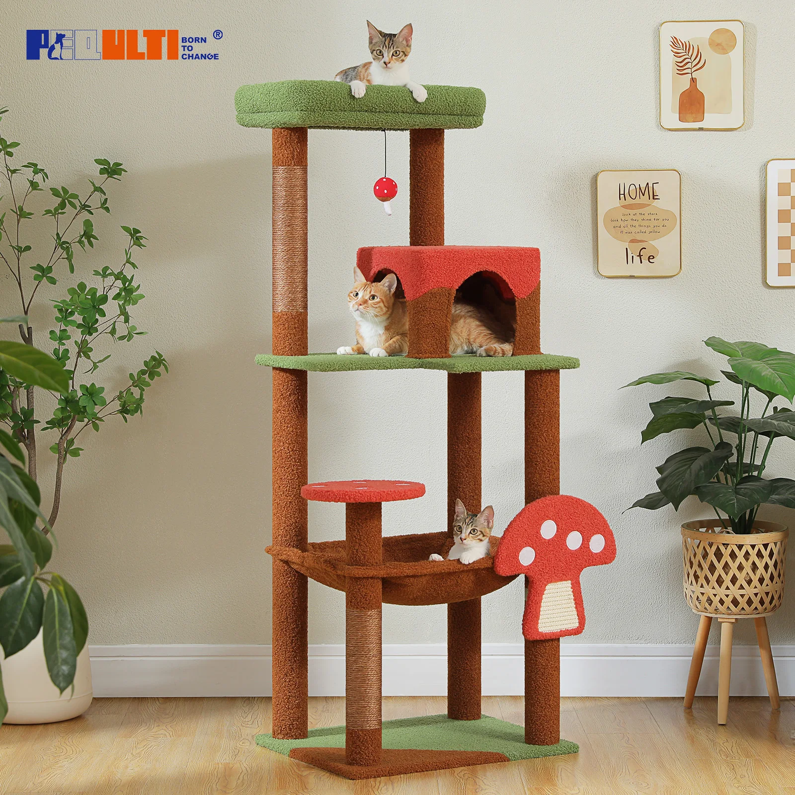 Arbre à chat champignon réglable en hauteur avec perche et hamac – Image 2