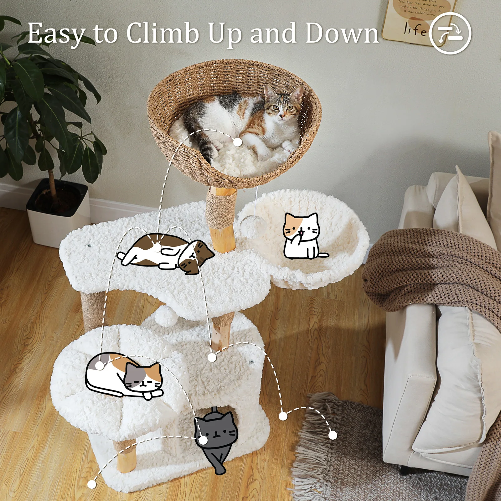 Arbre à chat design en bois massif avec condo et hamac – Image 2