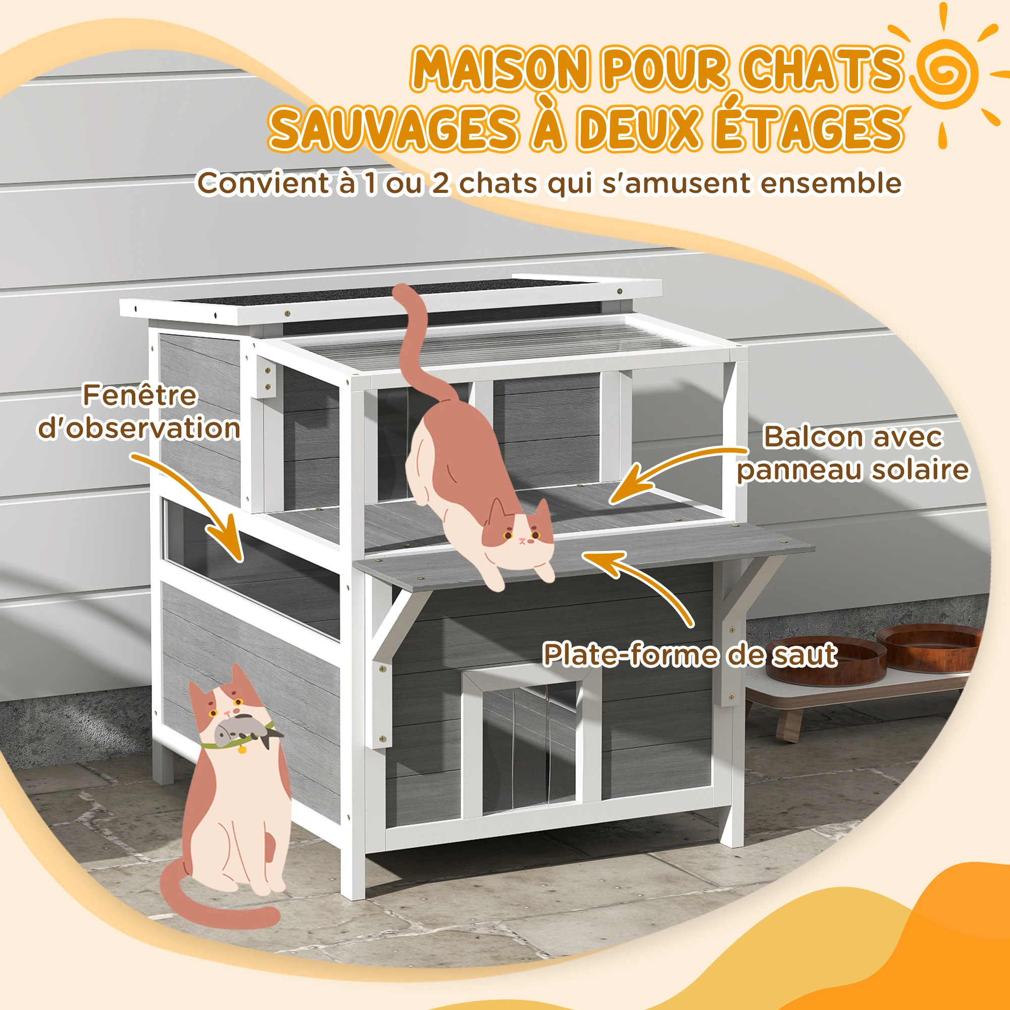 Maison pour chat à deux niveaux avec balcon et toit ouvrant – Image 4