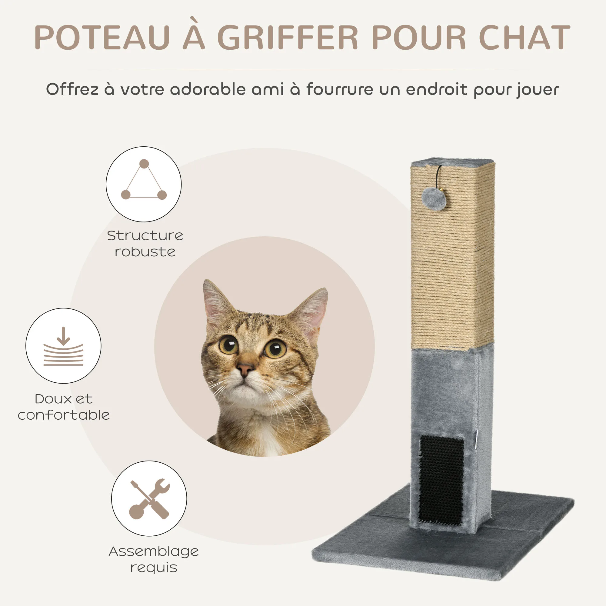 Griffoir tour avec balle, brosses et plateforme pour chat – Image 3
