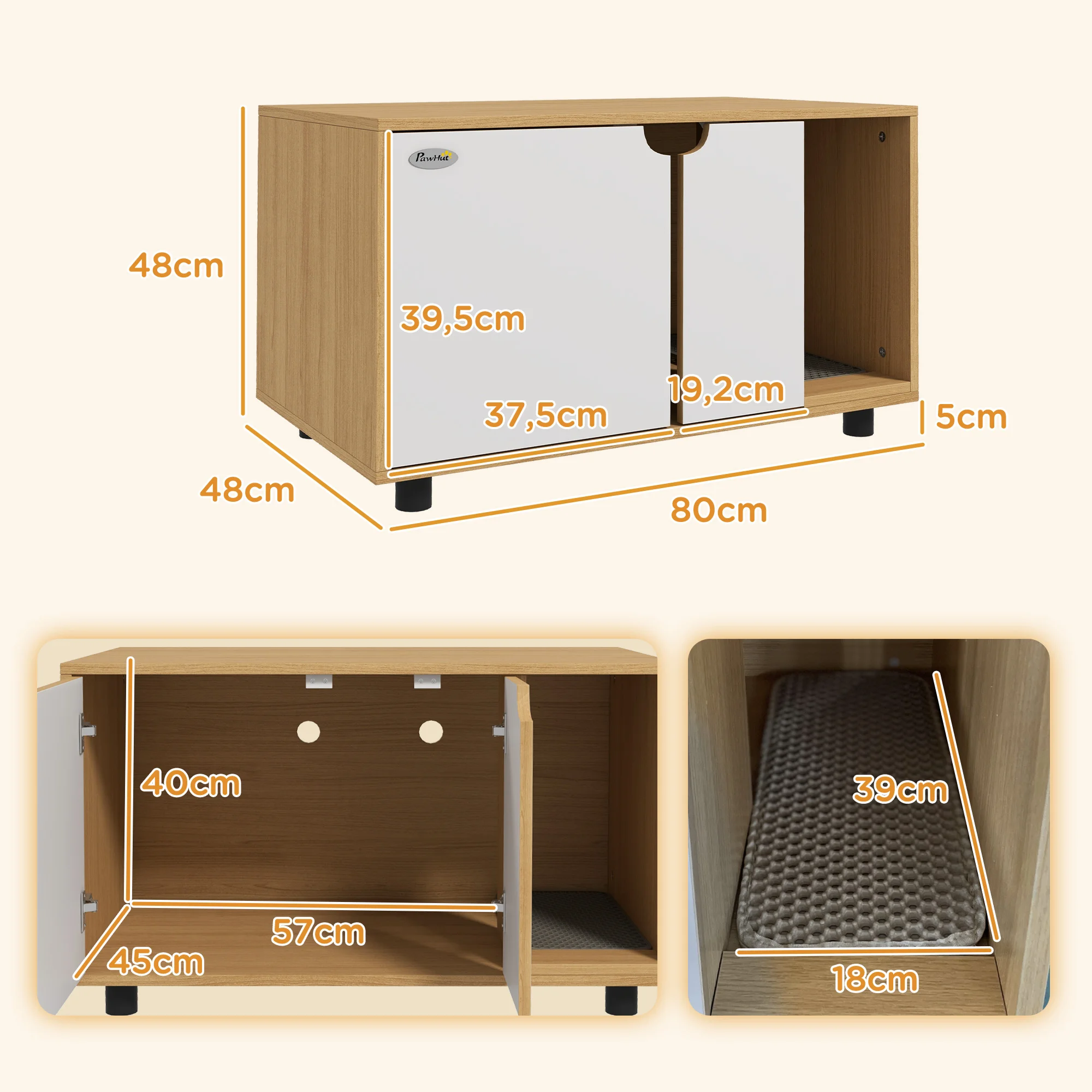 Meuble à litière 2 en 1 scandinave sur pieds, 80x48x48 cm – Image 3