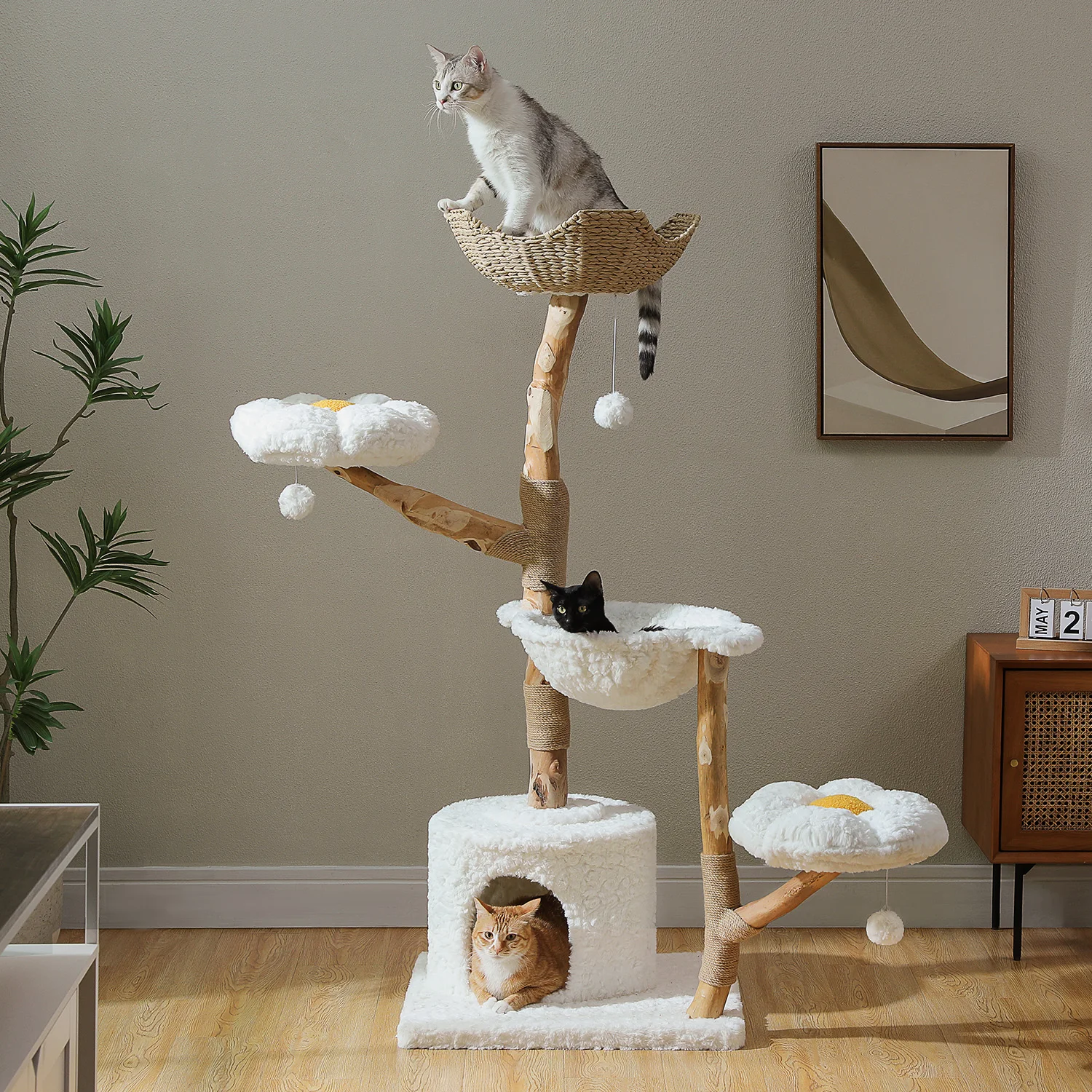 Tour d'activités pour chat avec griffoir sisal et panier en osier – Image 2