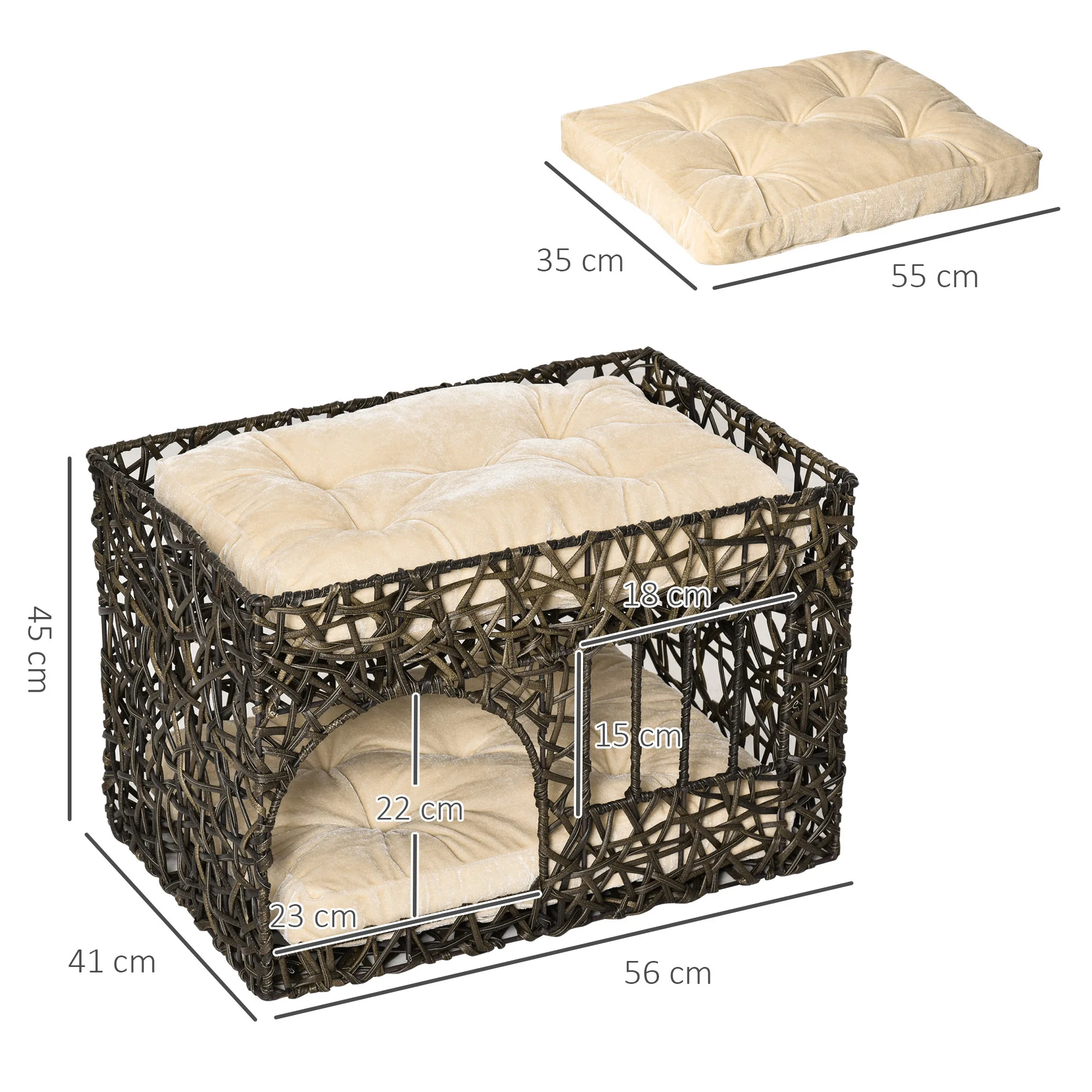 Panier en rotin deux niveaux avec coussins moelleux pour chat – Image 3