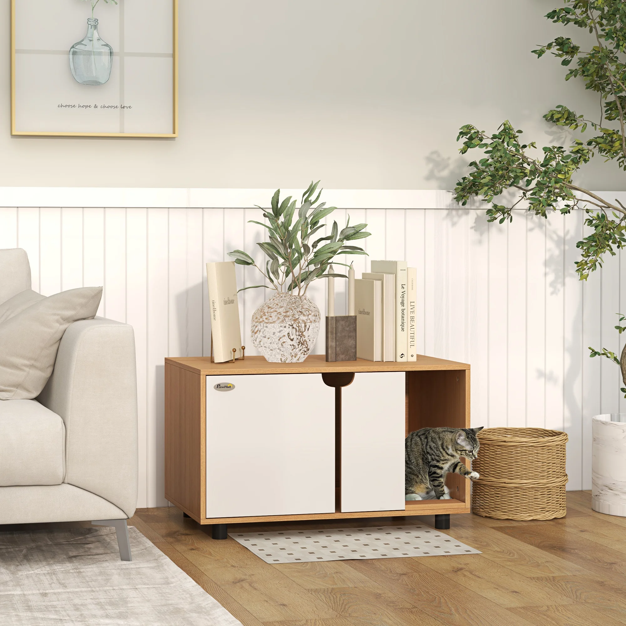 Meuble à litière 2 en 1 scandinave sur pieds, 80x48x48 cm – Image 2