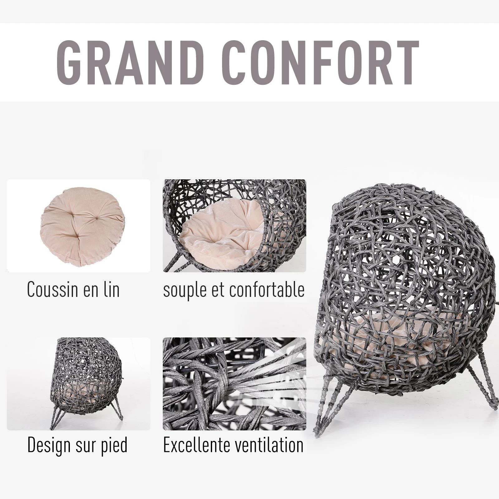 Panier surélevé grotte en résine tressée avec coussin – Image 4