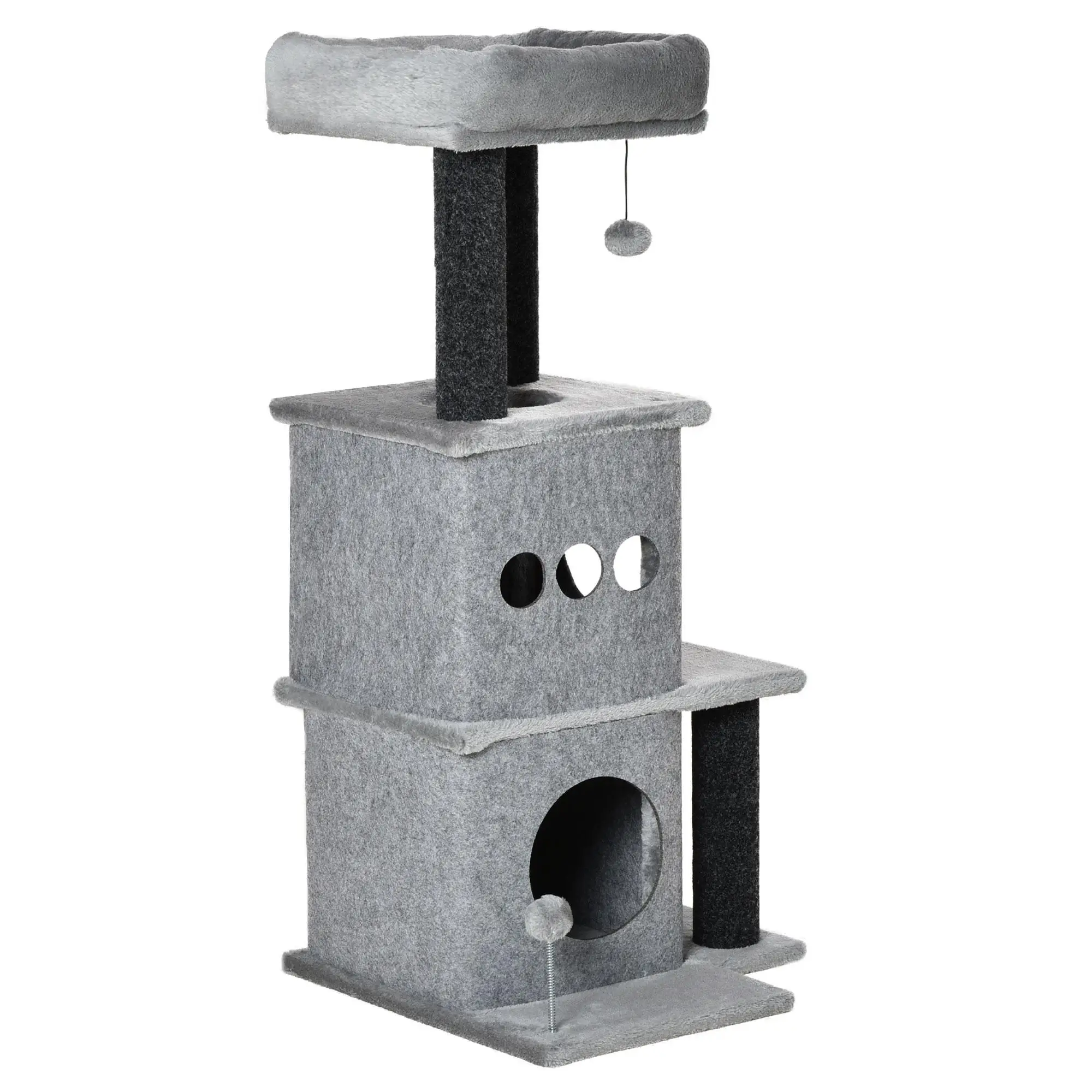Arbre à chat gris 3 niveaux avec niches et balle – Image 2