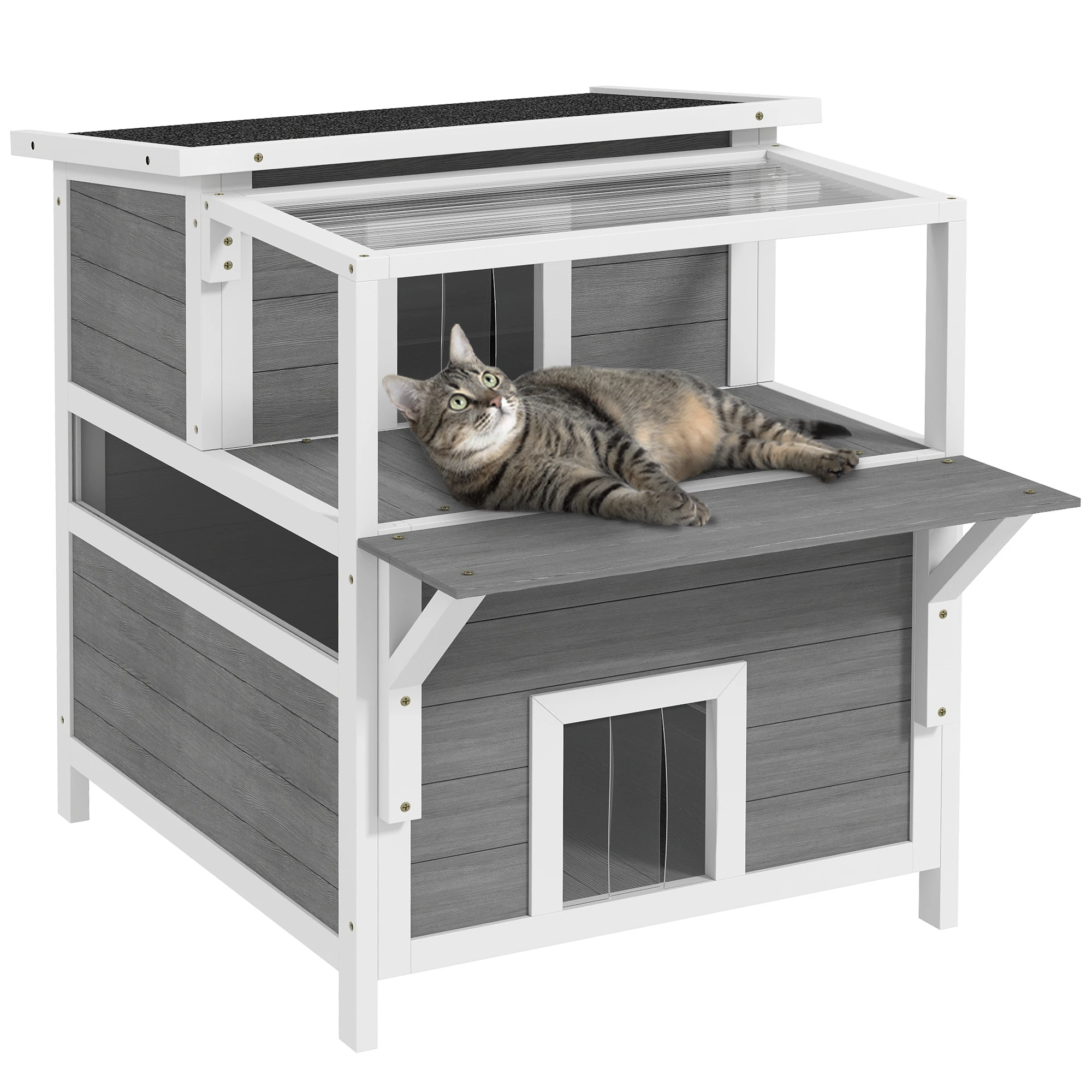 Maison pour chat à deux niveaux avec balcon et toit ouvrant
