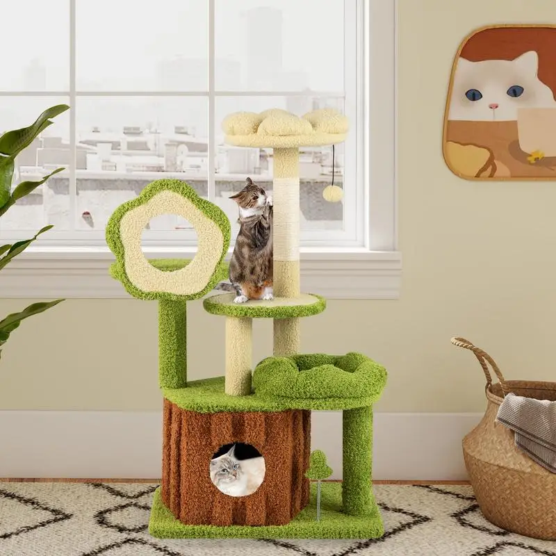 Arbre à chat vert multi-niveaux avec tronc et condo intégré – Image 2