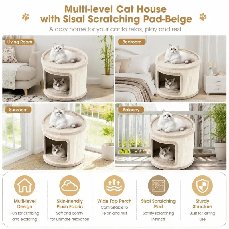 Maison à étages pour chat en bois 60x45x55 cm avec griffoir pelucheux – Image 3