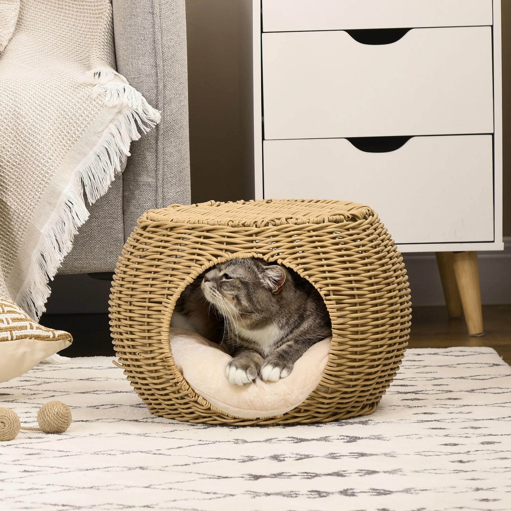 Niche cosy en rotin tressé avec coussin moelleux pour chat – Image 2