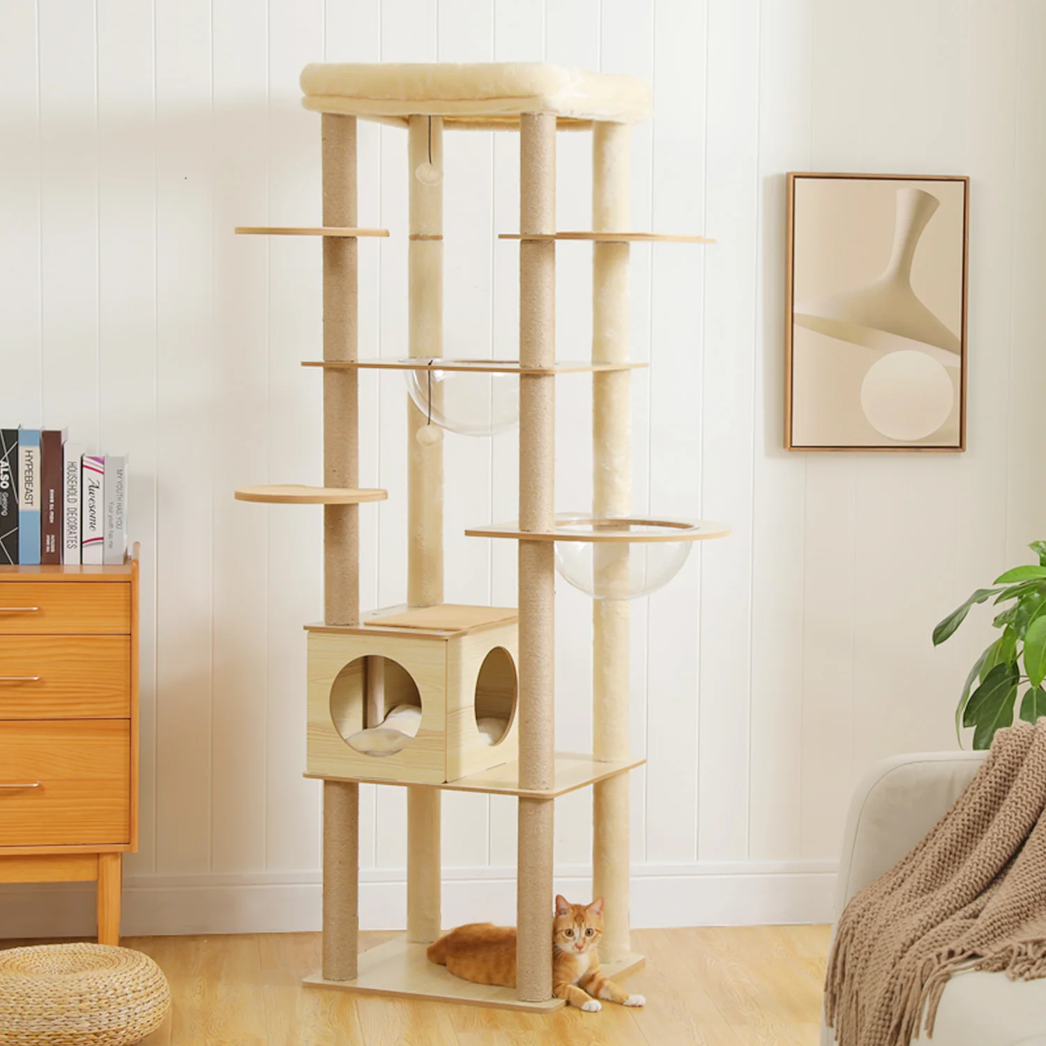 Arbre à chat multi-niveaux en bois avec griffoirs et hamac confortable – Image 2