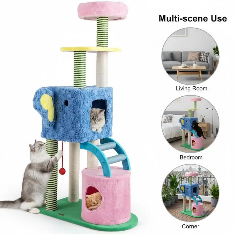 Arbre à chat éléphant coloré avec condos et perchoir – Image 2