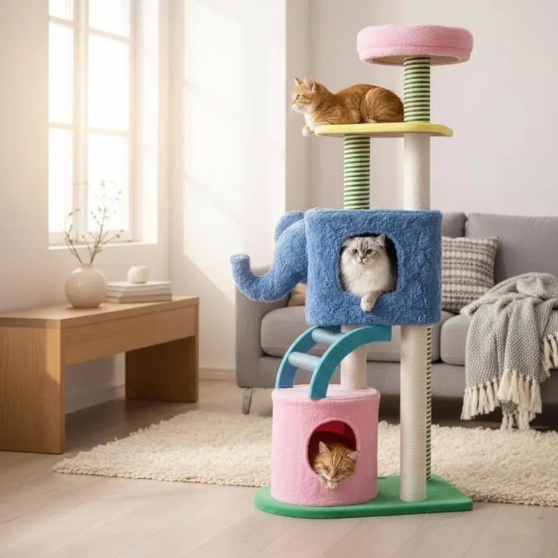 Arbre à chat éléphant coloré avec condos et perchoir