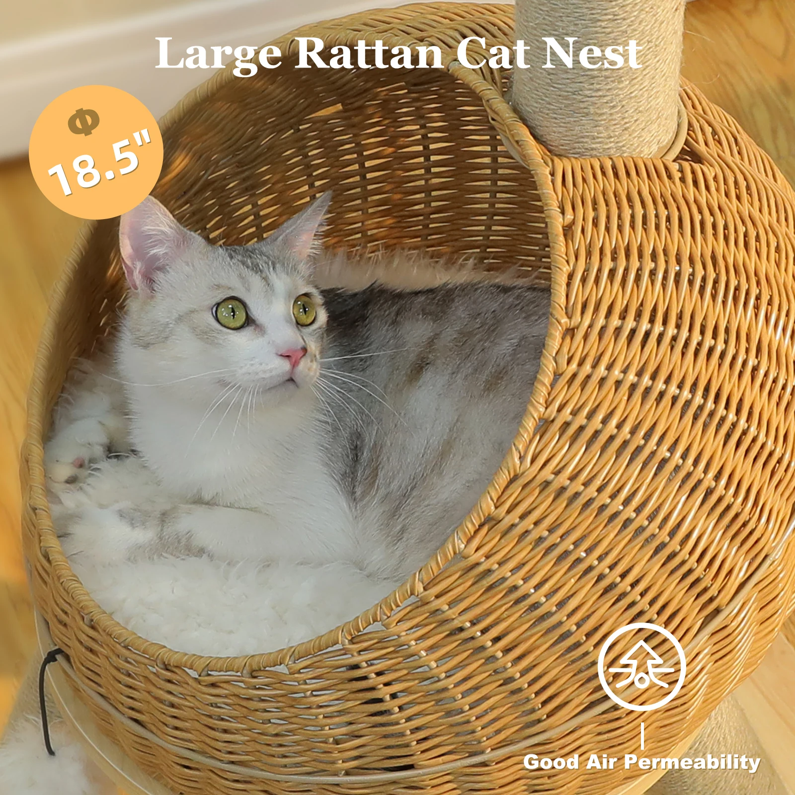 Tour d’arbre à chat dinosaure avec griffoir en sisal et lit rotin – Image 4