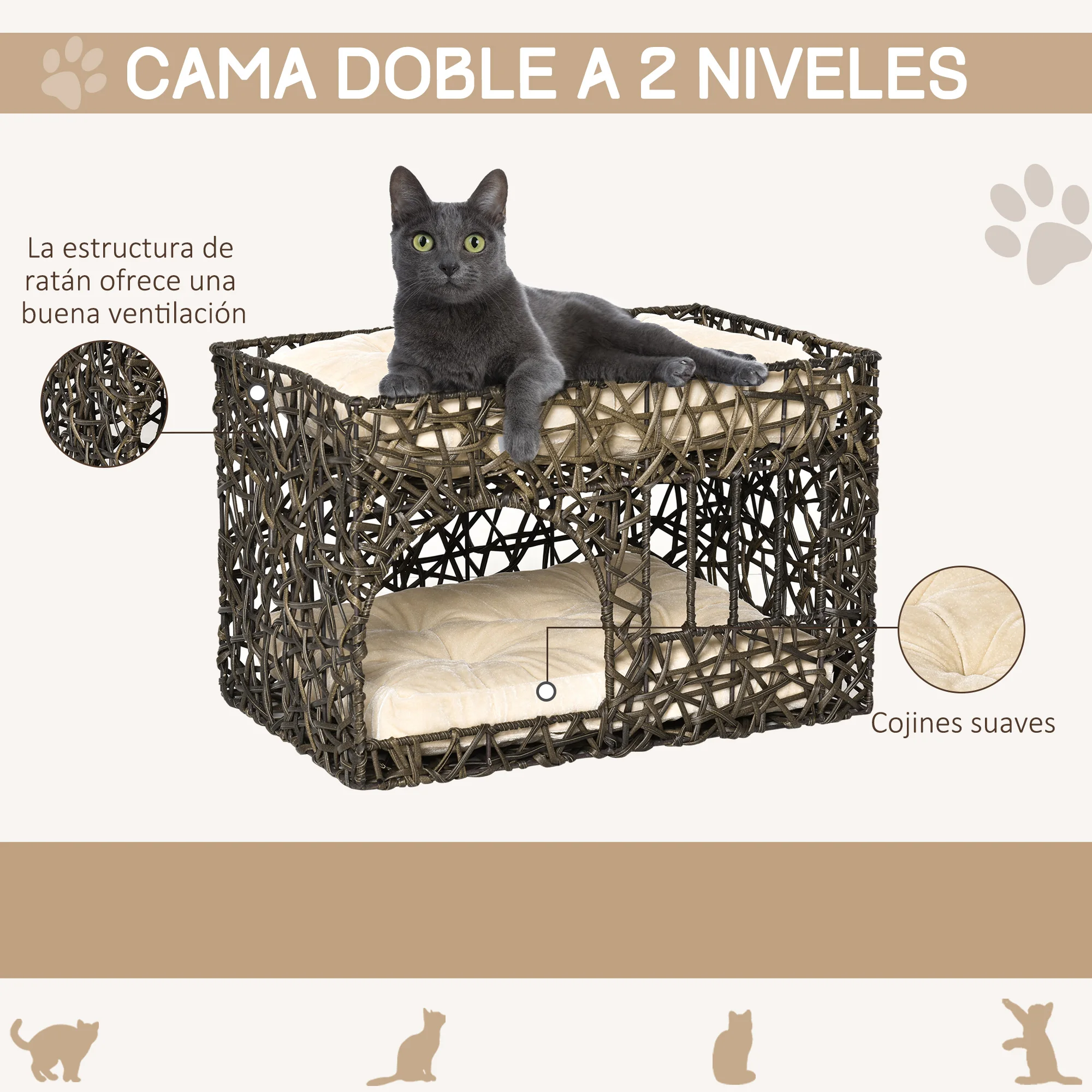 Panier en rotin deux niveaux avec coussins moelleux pour chat – Image 4