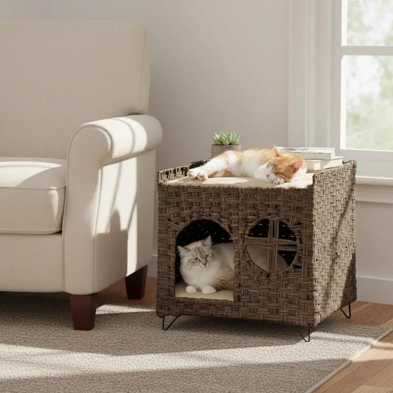 Lit pour chat en rotin pliable 2 niveaux, table d'appoint déco – Image 3