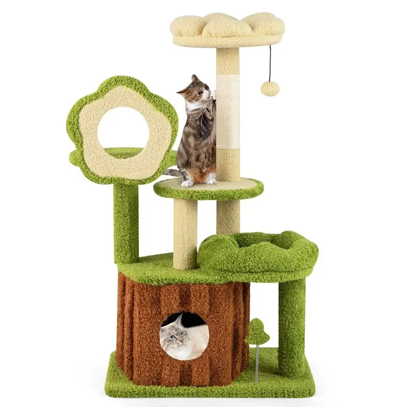 Arbre à chat vert multi-niveaux avec tronc et condo intégré