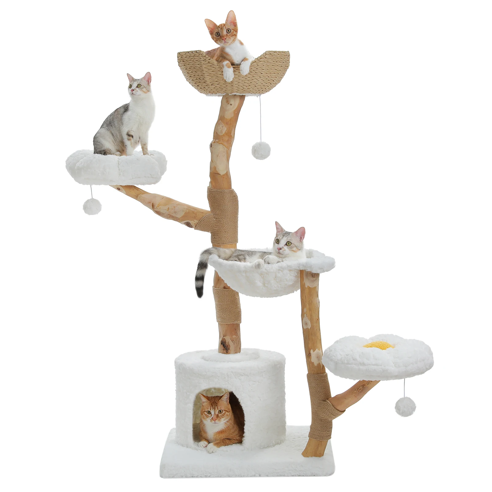 Tour d'arbre à chat avec grattoir, panier en osier et fleurs