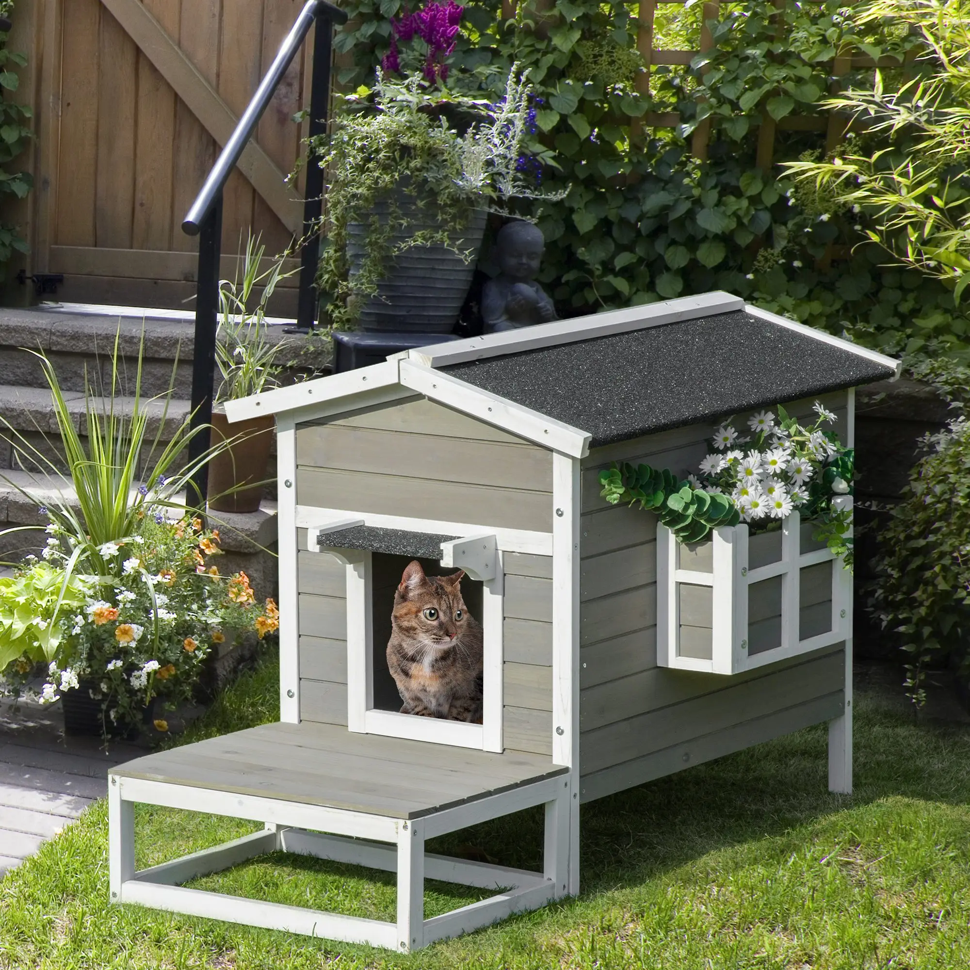 Maisonnette extérieure surélevée avec terrasse en bois pour chat – Image 2