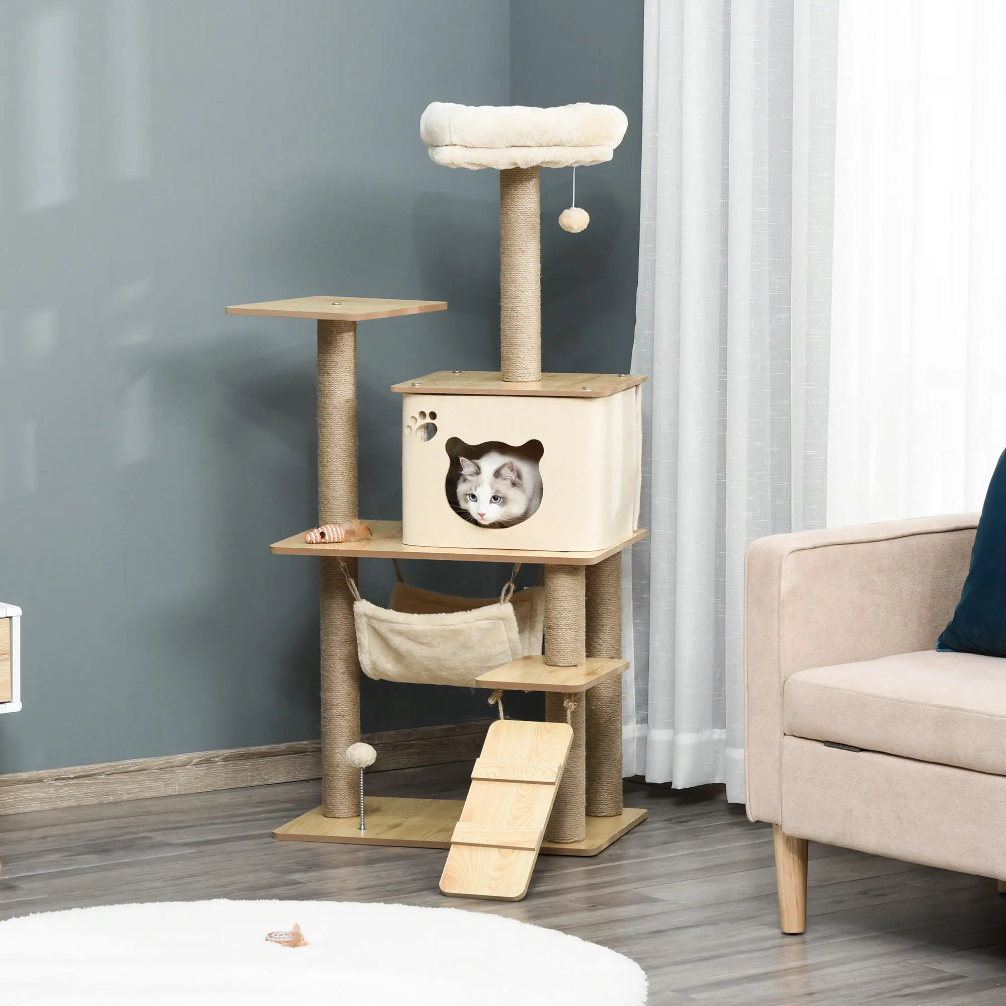 Arbre à chat 130 cm avec échelle et hamac pour félin actif – Image 2