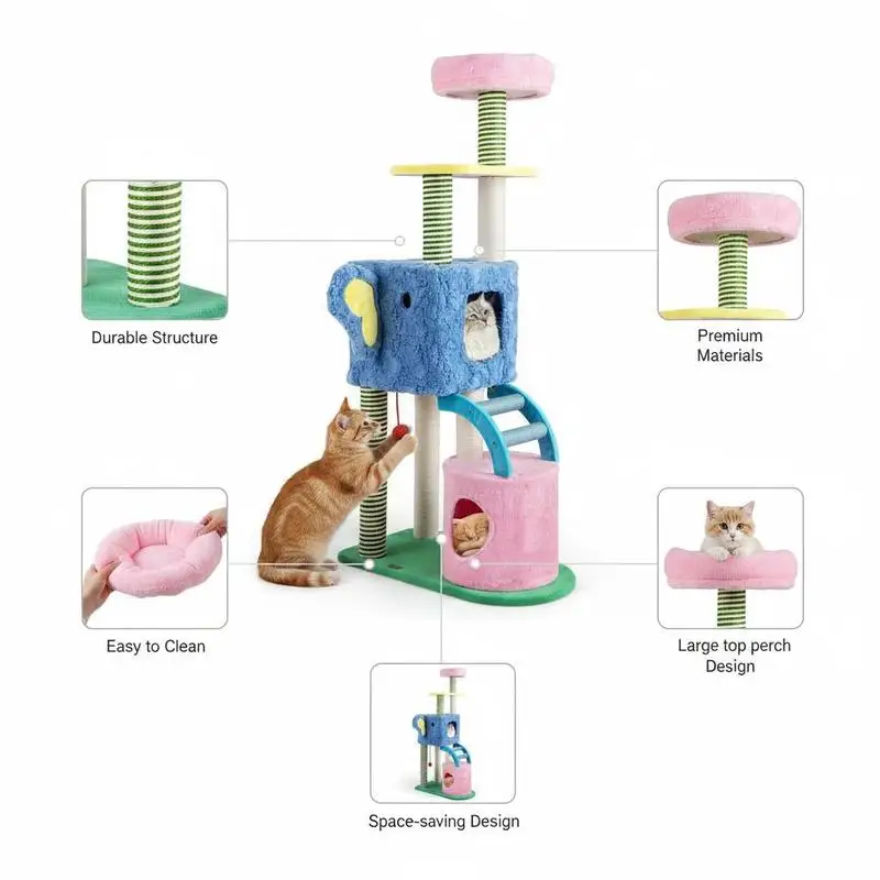 Arbre à chat éléphant coloré avec condos et perchoir – Image 3