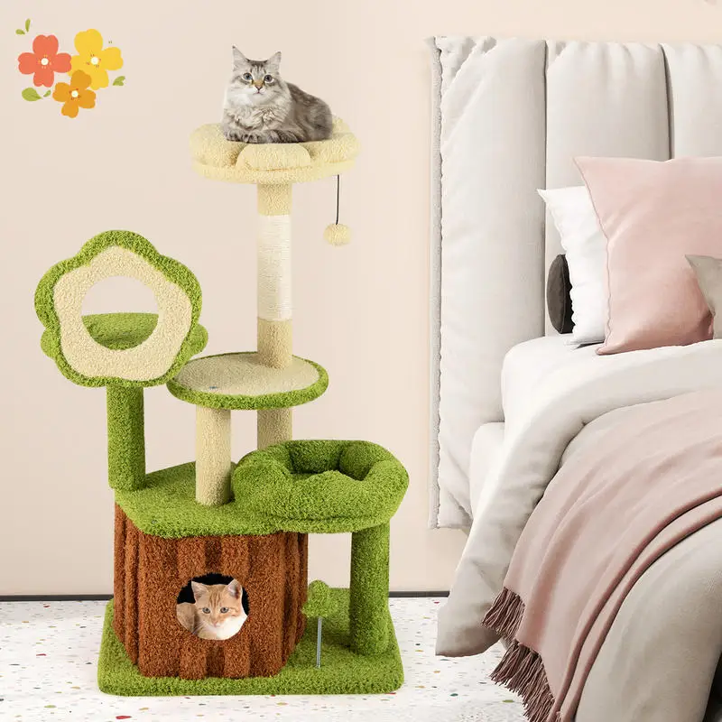 Arbre à chat vert multi-niveaux avec tronc et condo intégré – Image 3