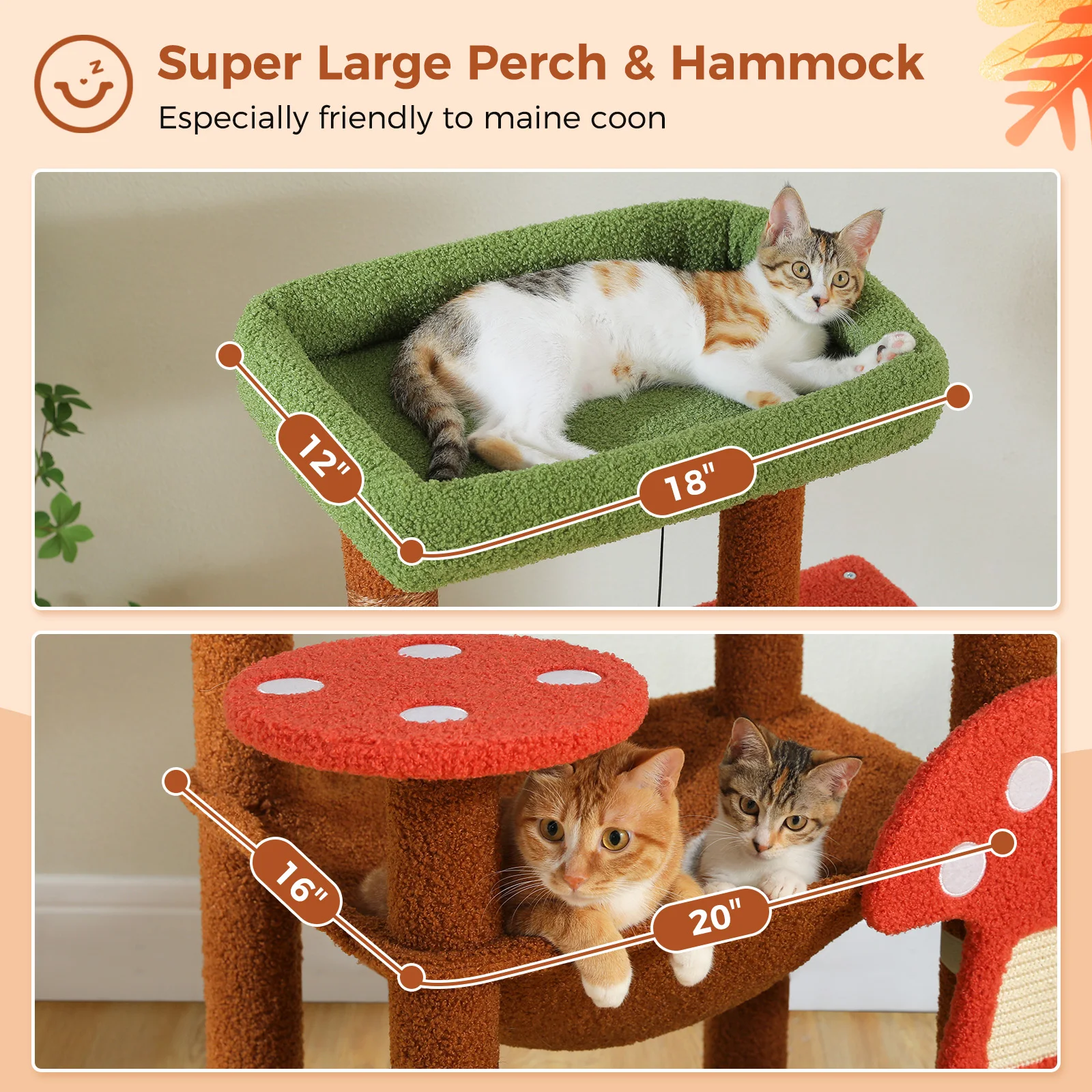 Arbre à chat champignon réglable en hauteur avec perche et hamac – Image 3