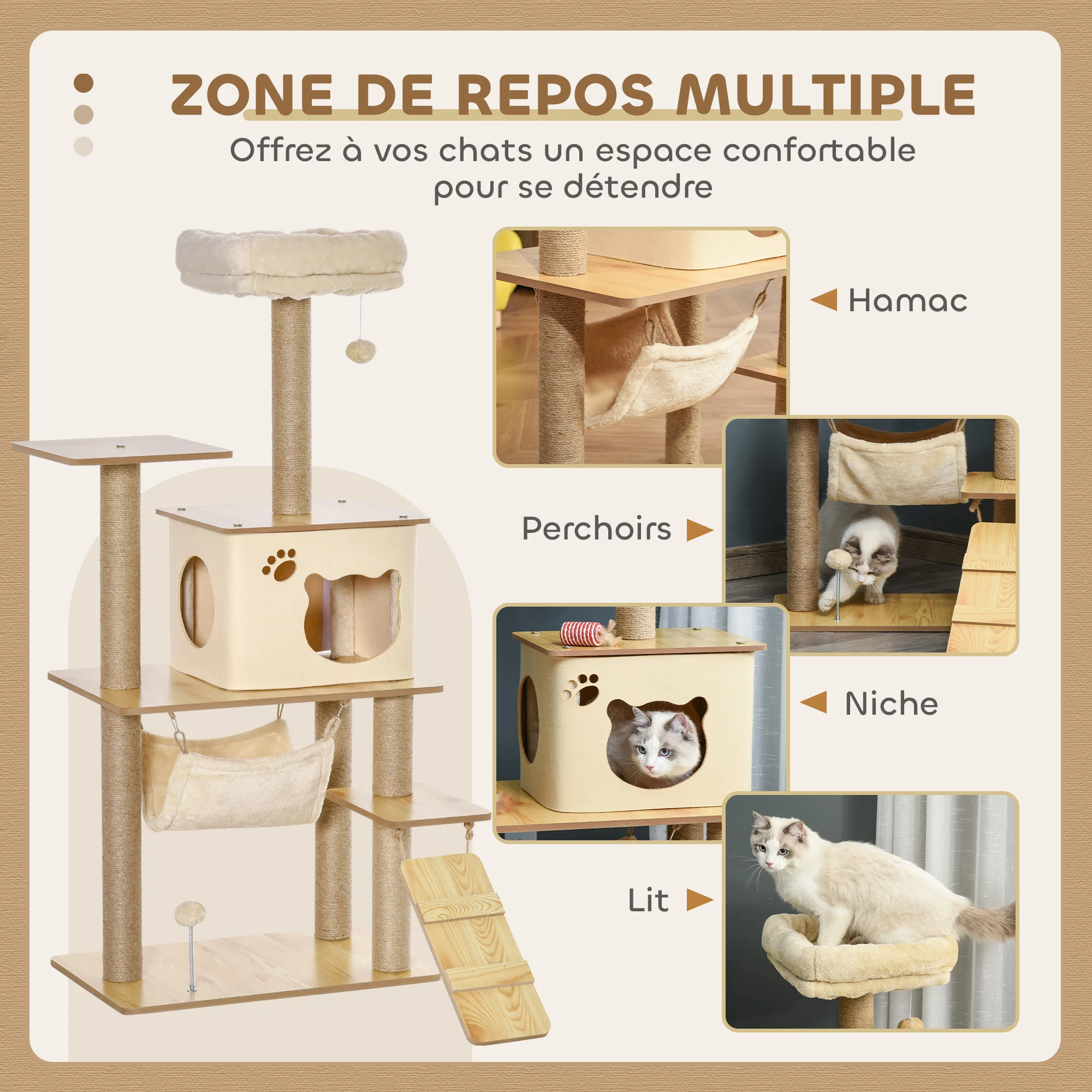 Arbre à chat 130 cm avec échelle et hamac pour félin actif – Image 3