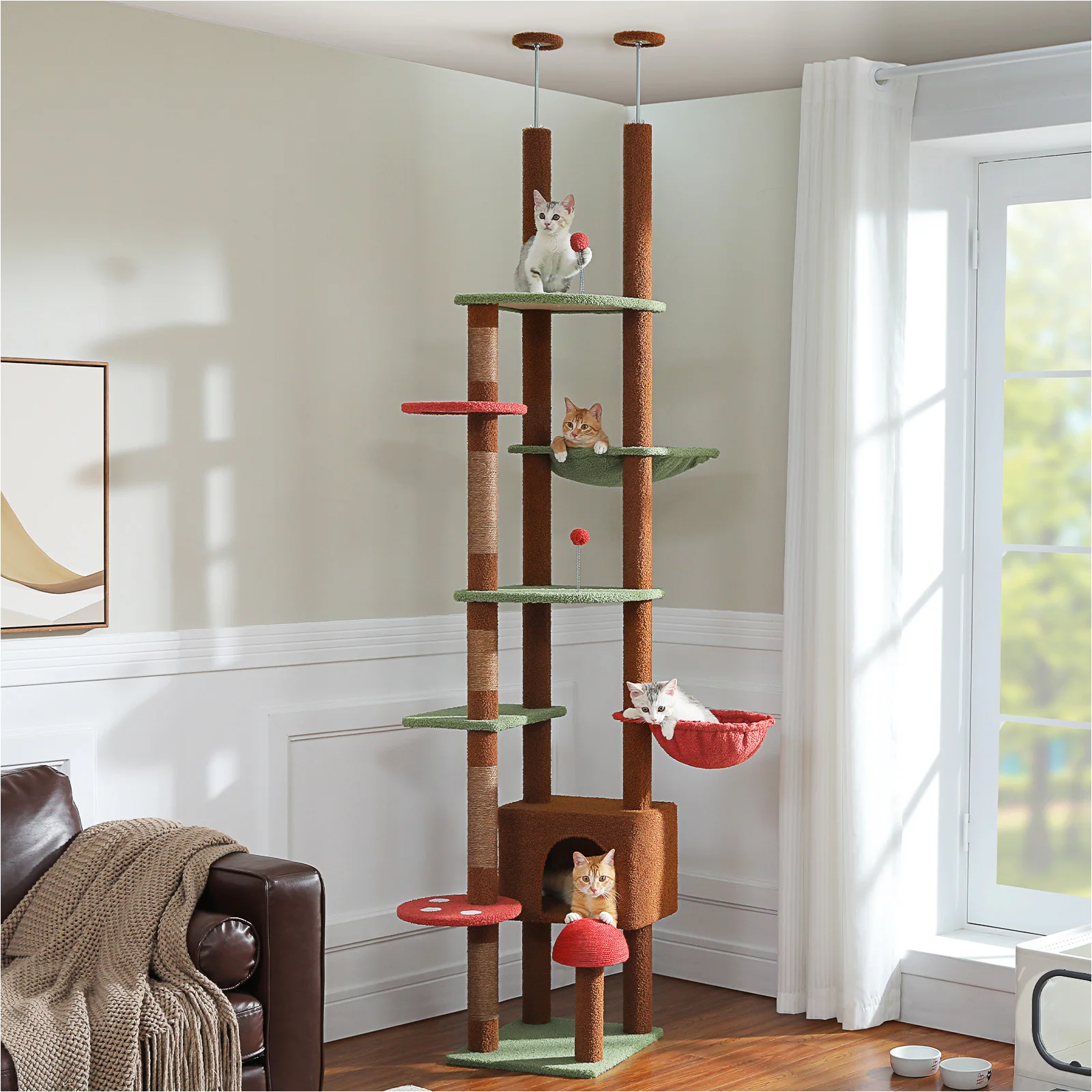 Arbre à chat champignon réglable en hauteur avec perche et hamac