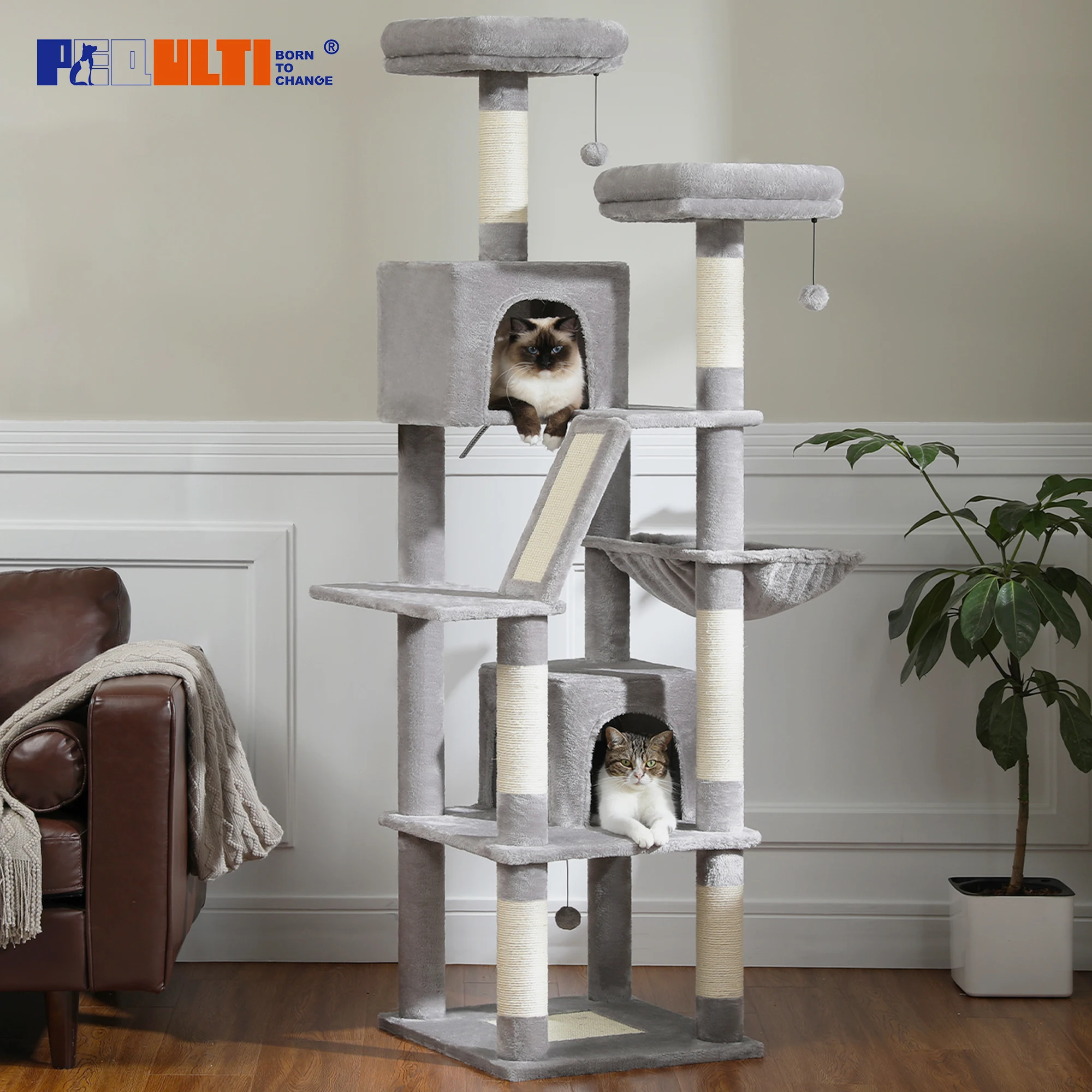 Grand arbre à chat en peluche multi-niveaux avec condo et griffoirs