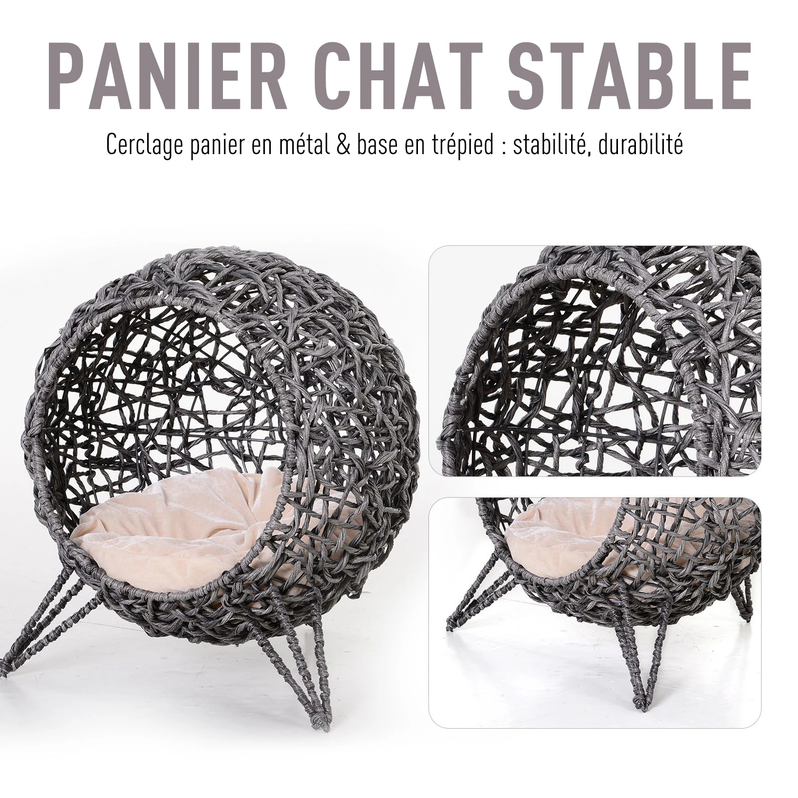 Panier surélevé grotte en résine tressée avec coussin – Image 3