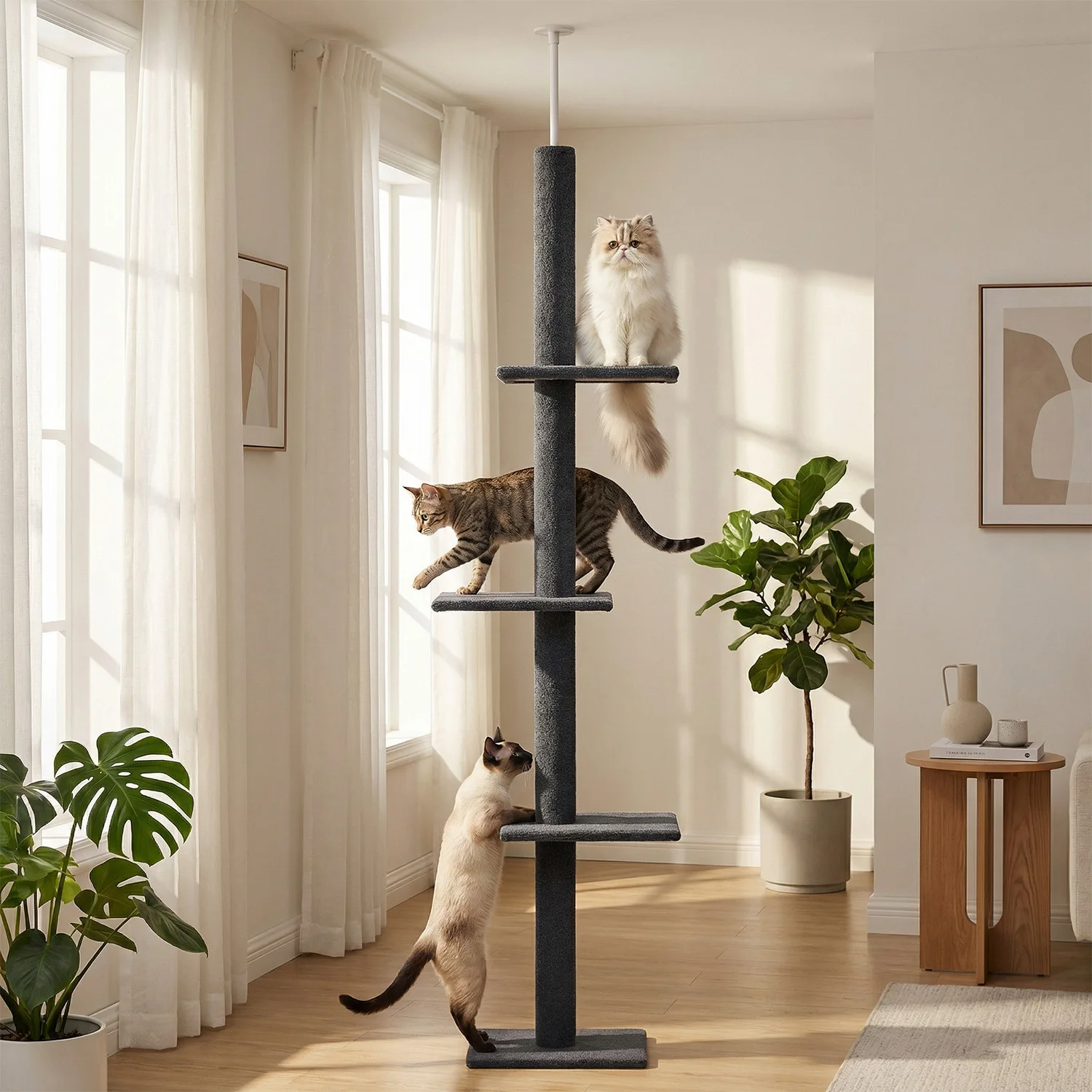 Arbre à chat extensible du sol au plafond avec zones de grattage – Image 2