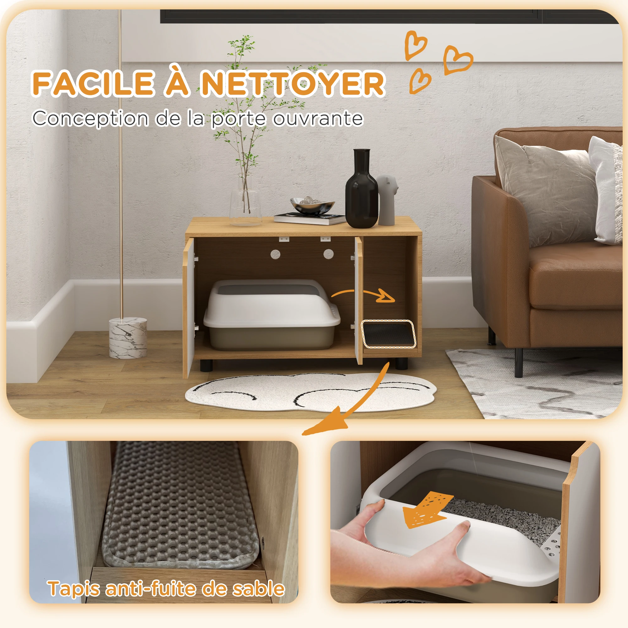 Meuble à litière 2 en 1 scandinave sur pieds, 80x48x48 cm – Image 4