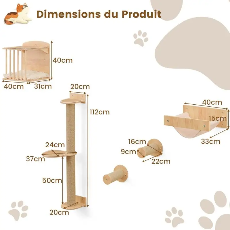 Mur d'escalade pour chat, 5 pièces avec plateformes et poteaux sisal – Image 4