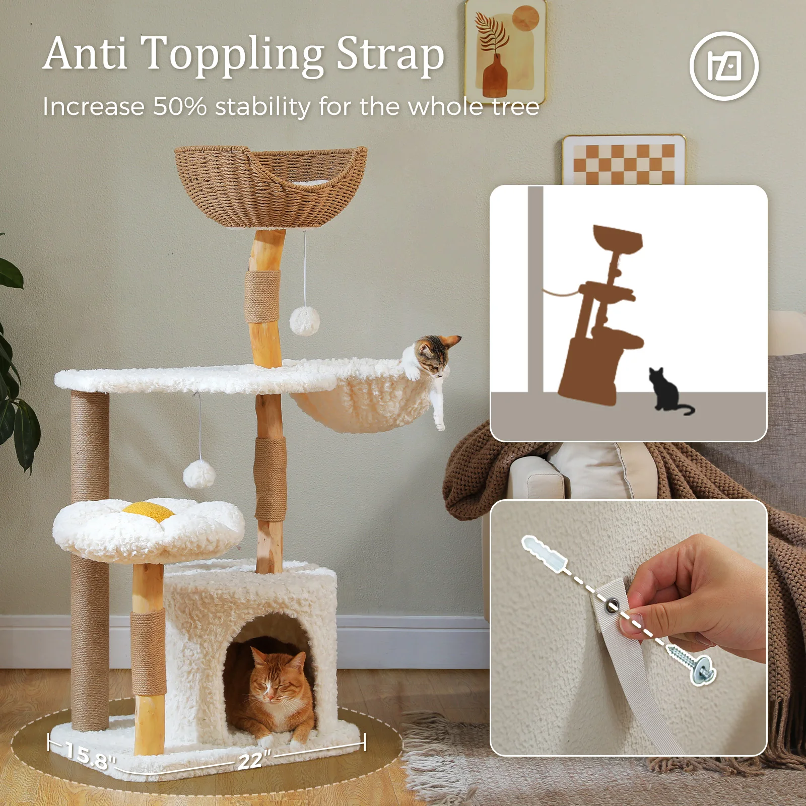 Arbre à chat design en bois massif avec condo et hamac – Image 3
