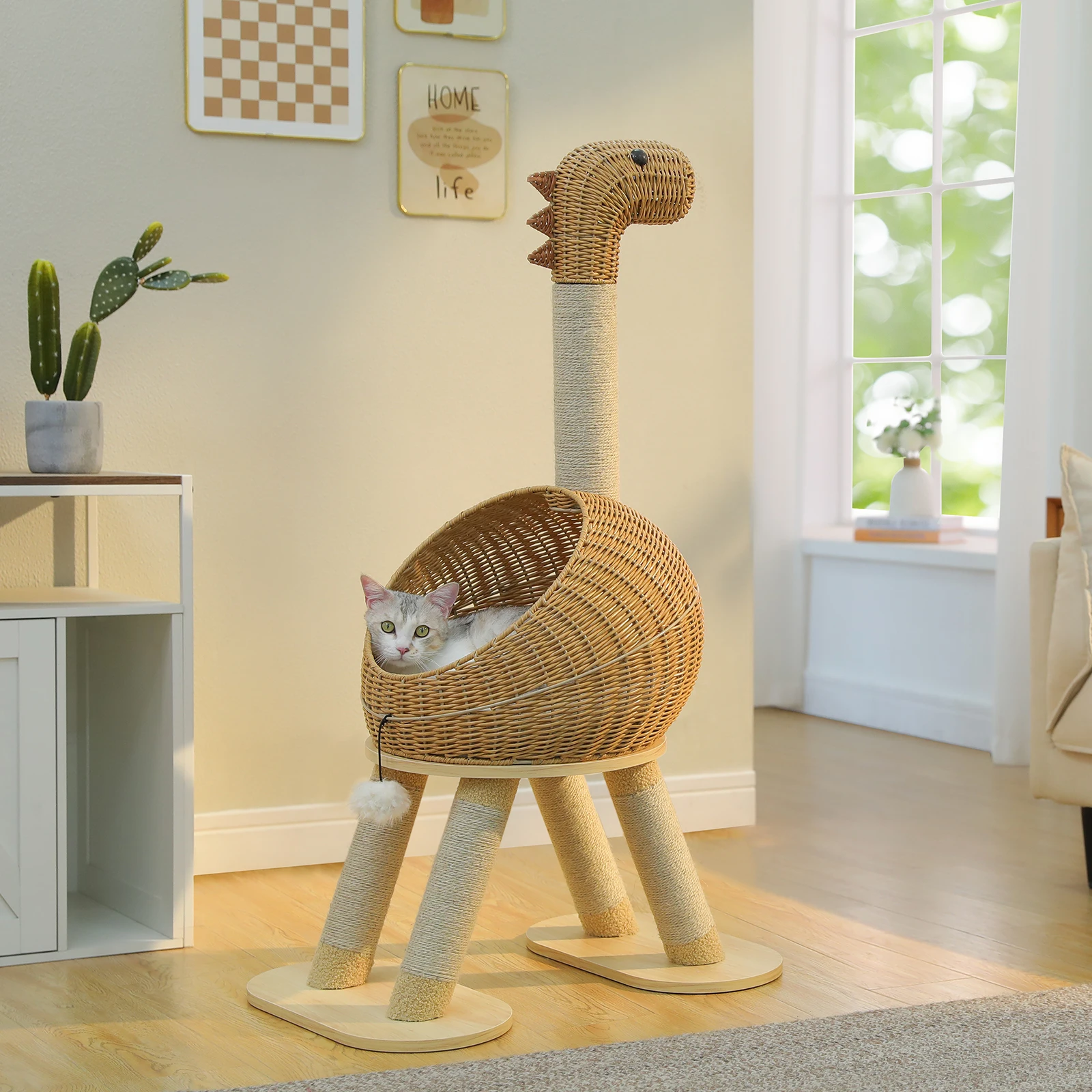 Tour d’arbre à chat dinosaure avec griffoir en sisal et lit rotin