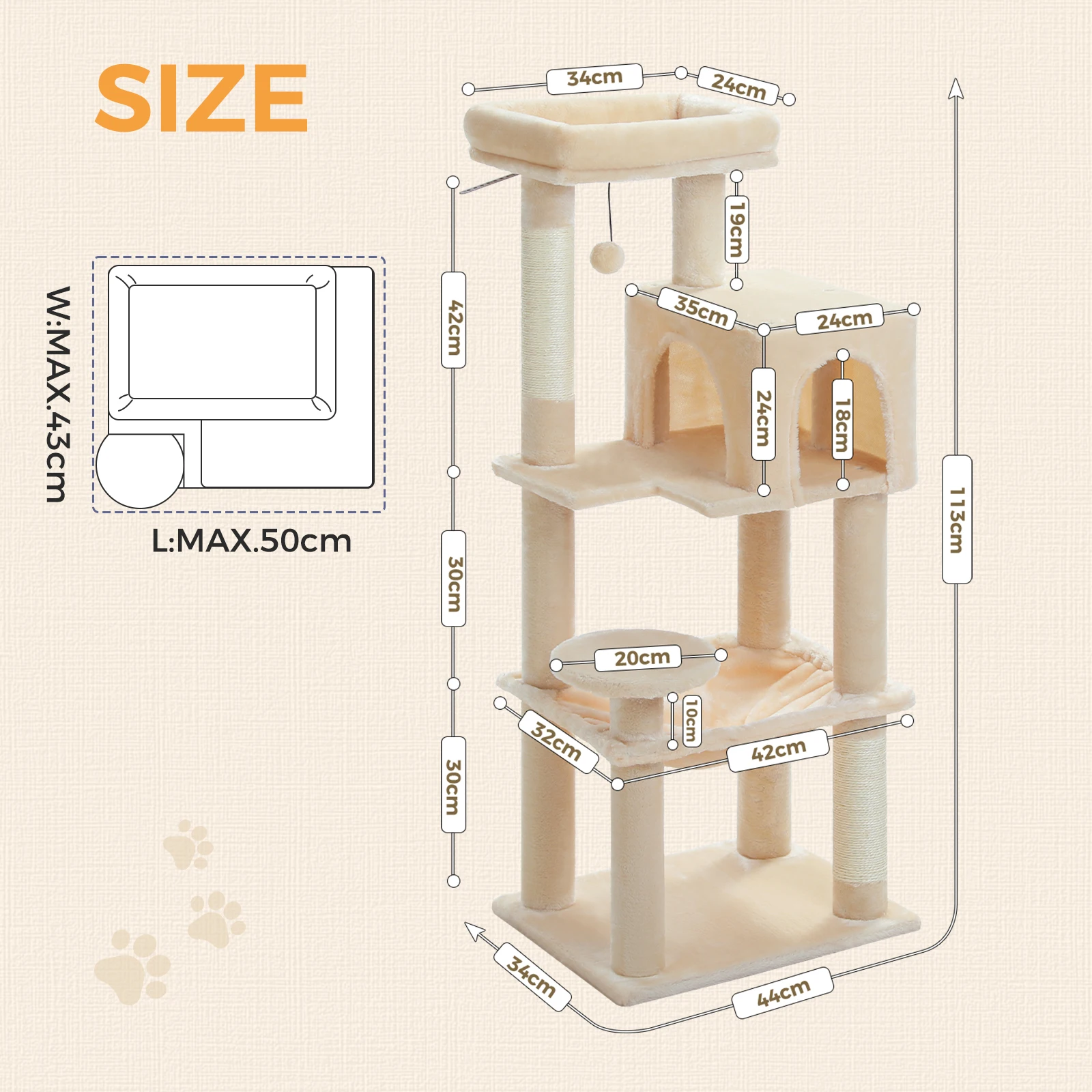 Arbre à chat 5 niveaux avec griffoir en sisal, 113 cm – Image 3