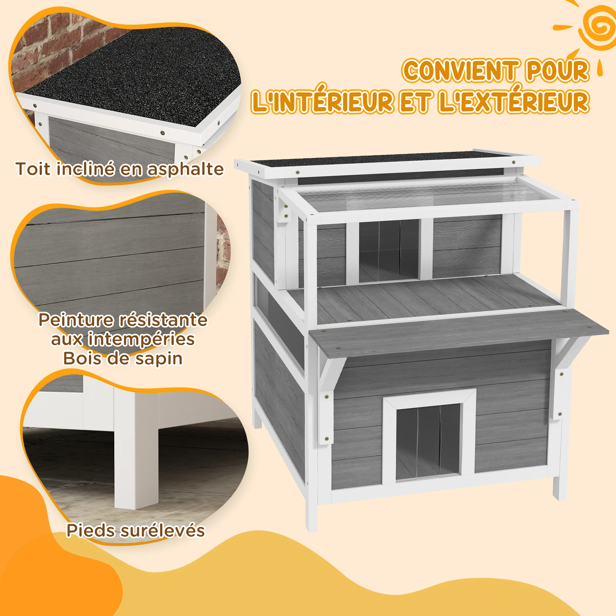 Maison pour chat à deux niveaux avec balcon et toit ouvrant – Image 3