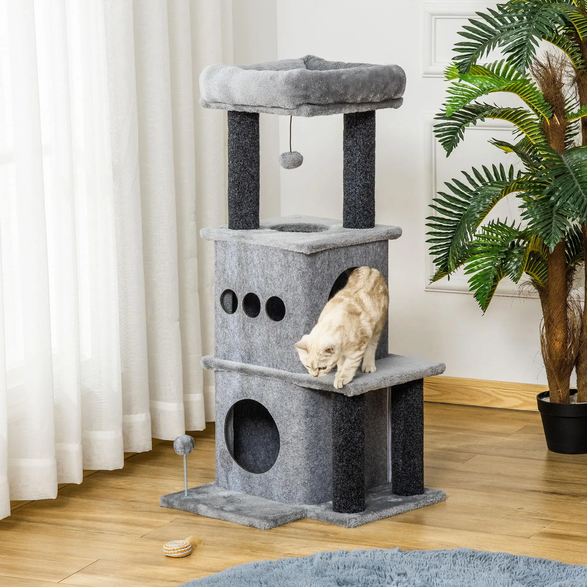 Arbre à chat gris 3 niveaux avec niches et balle – Image 3