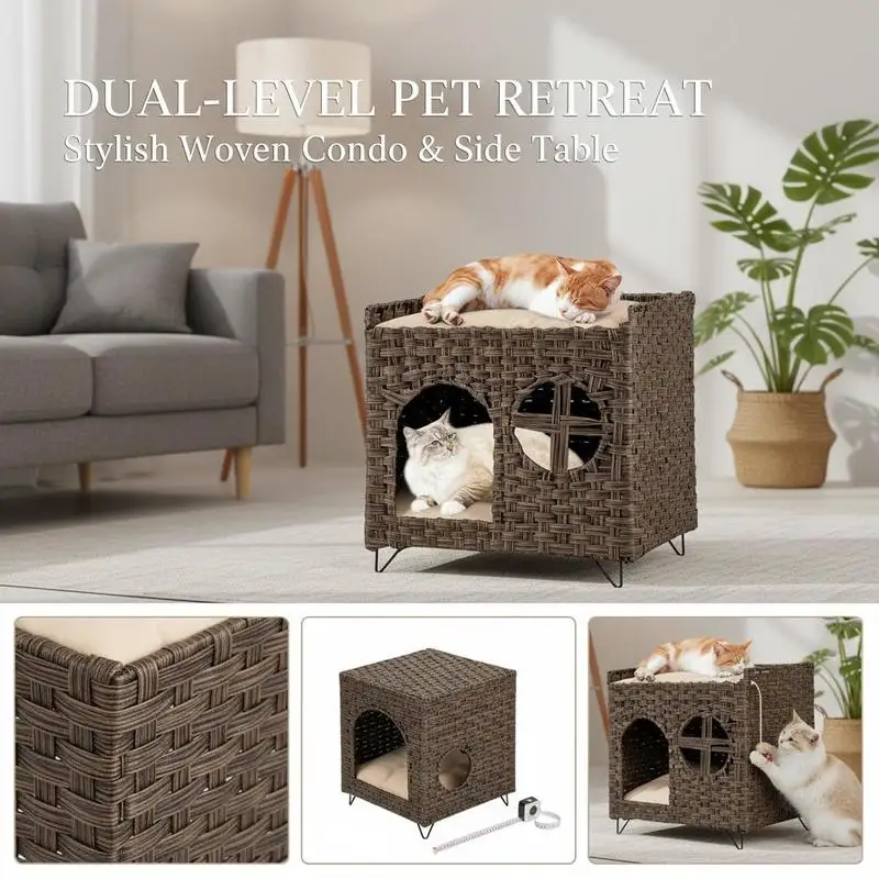 Lit pour chat en rotin pliable 2 niveaux, table d'appoint déco