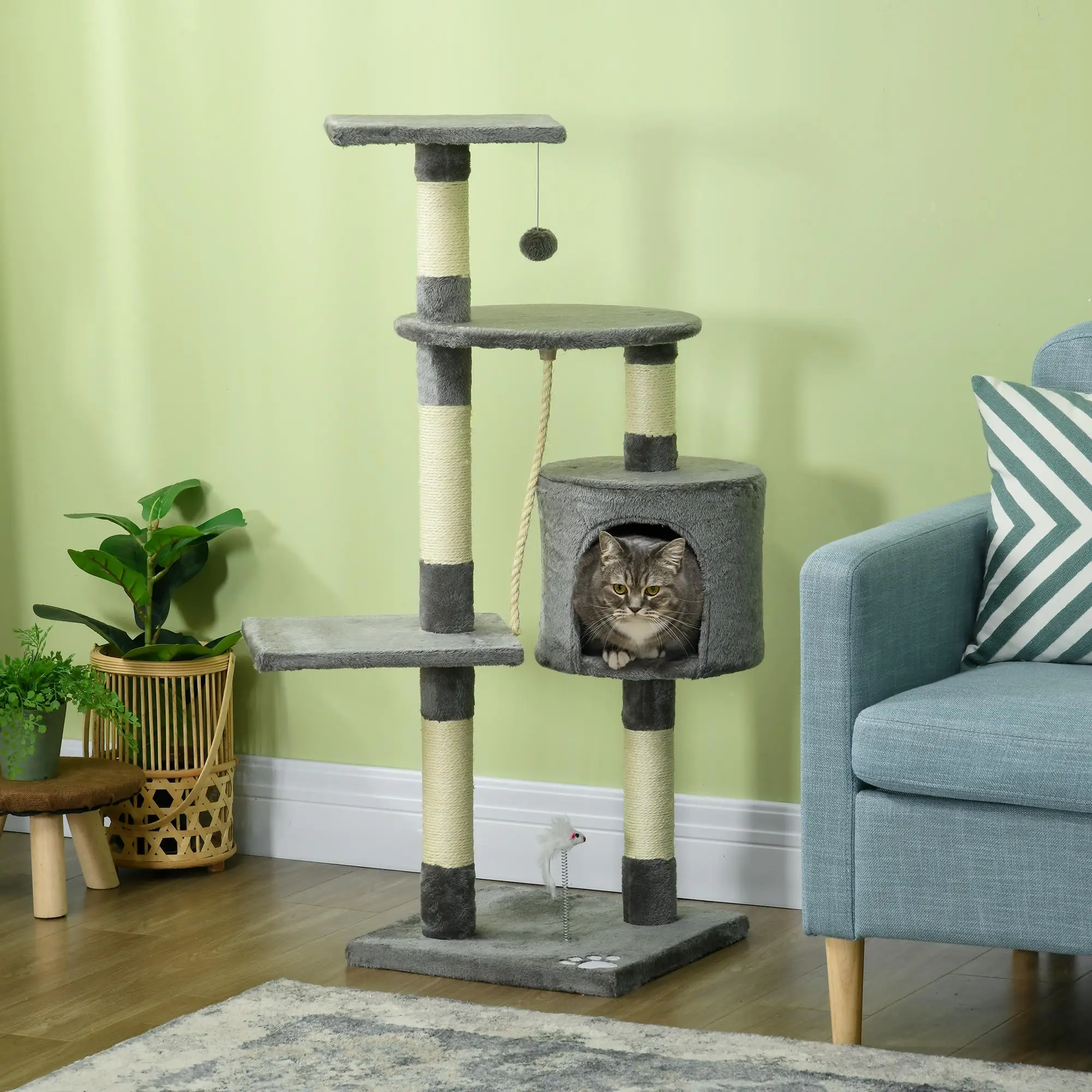 Arbre à chat cheminée avec niche et jouets suspendus – Image 2