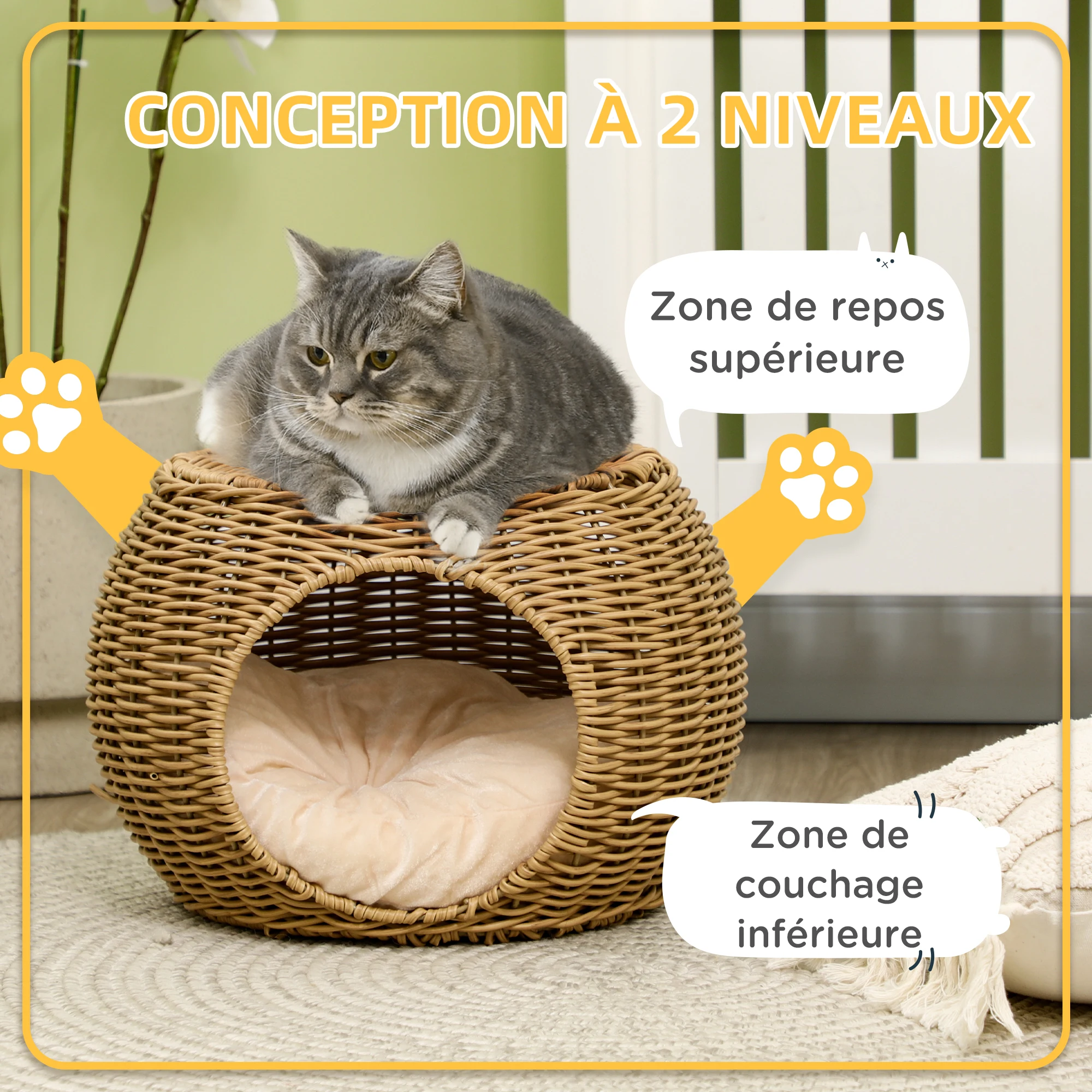 Niche cosy en rotin tressé avec coussin moelleux pour chat – Image 4